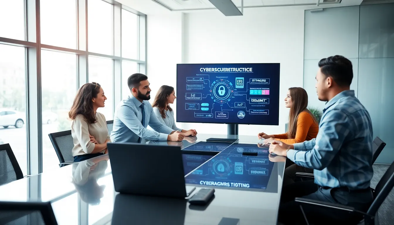 diverse team discussing cybersecurity strategies in a modern office.