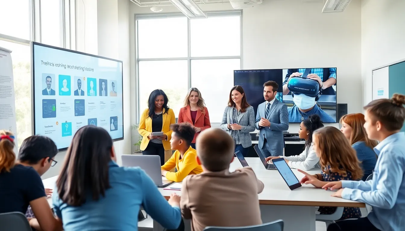 diverse educators and students using EdTech tools in a modern classroom.
