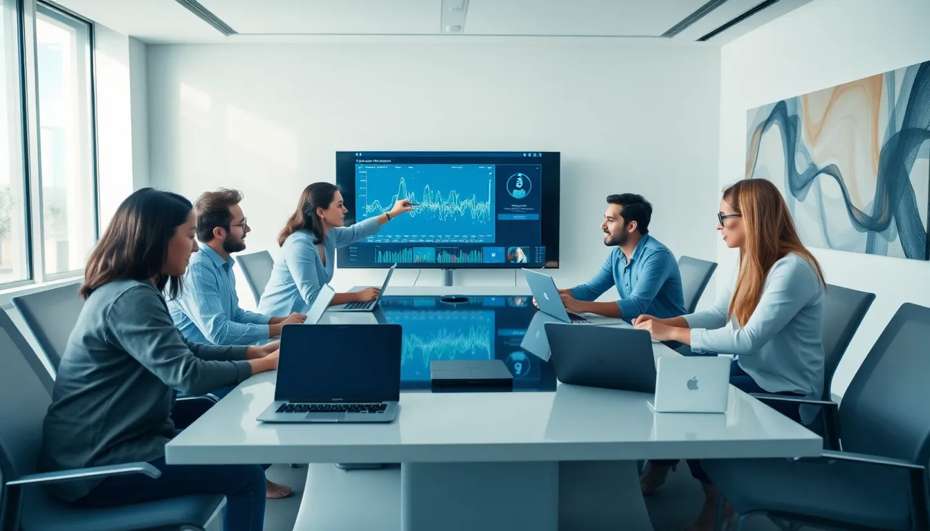 team discussing AI testing strategies in a modern office.