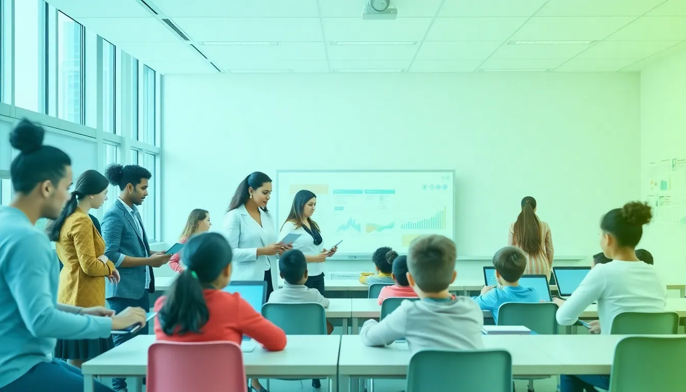 diverse classroom with educators and students using digital learning tools.