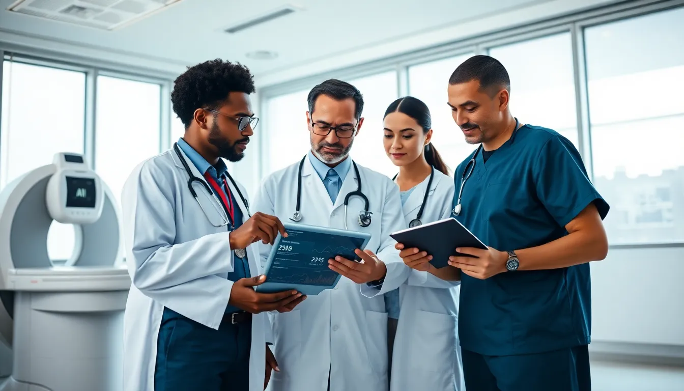 diverse healthcare team analyzing AI technology in a modern setting.