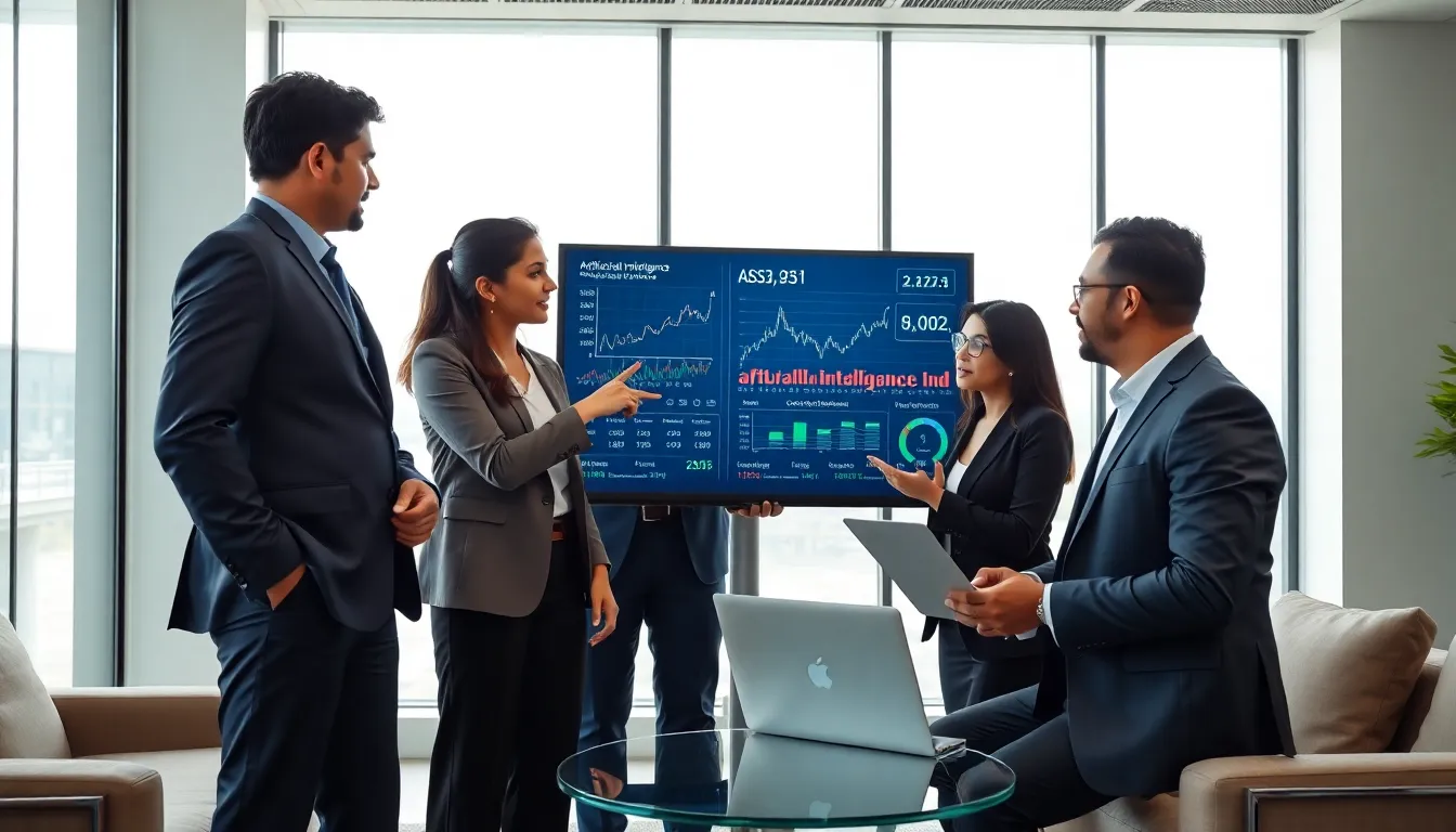 diverse team discussing AI stocks in a modern office.