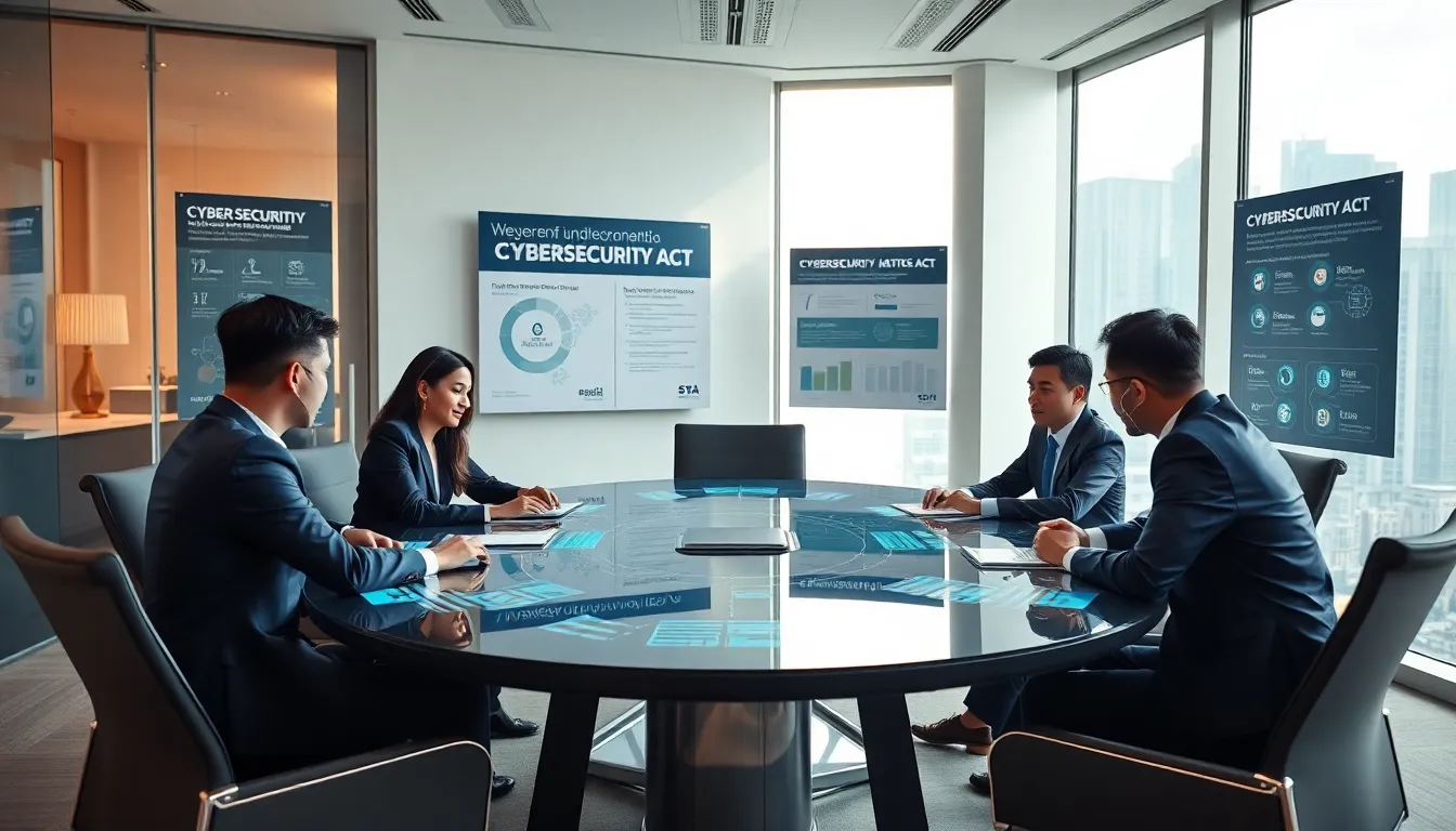 diverse cybersecurity team collaborating in a modern office setting.