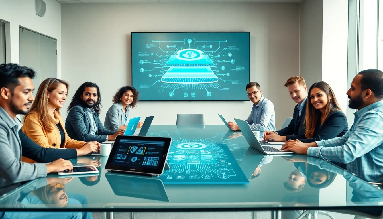 diverse team discussing cybersecurity architecture in a modern office setting.