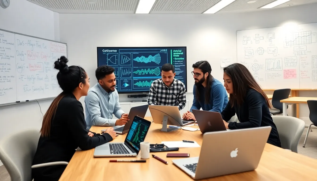 students collaborating on AI and data science projects in a modern classroom.