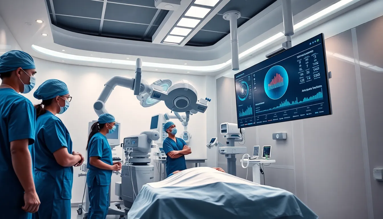 surgeons using AI technology in a modern surgical suite.