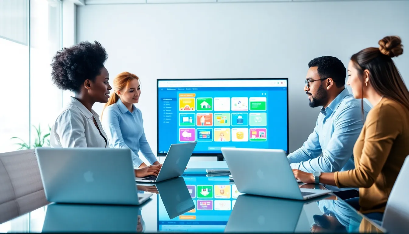 diverse team collaborating on educational software development in a modern office.