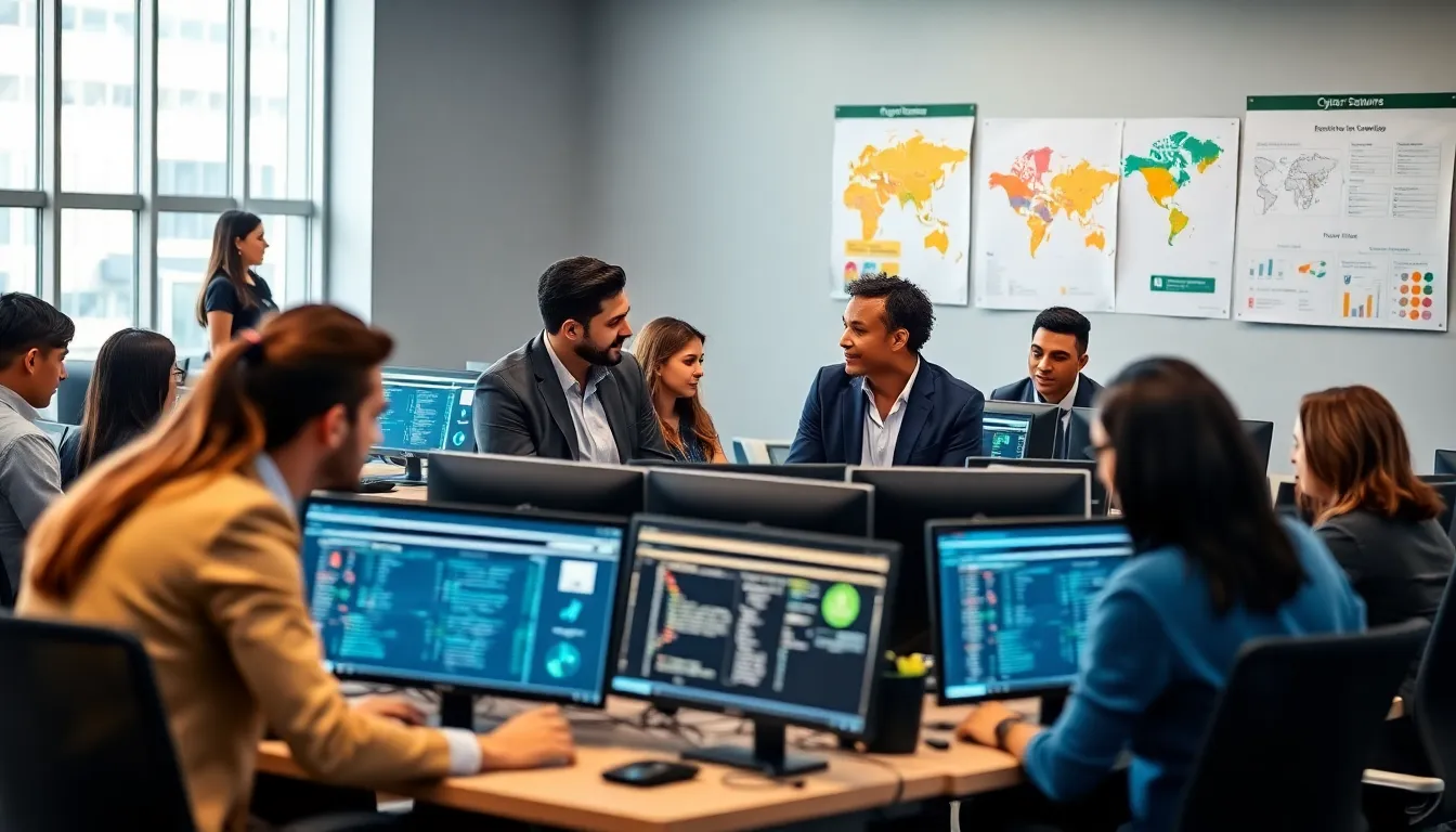diverse students collaborating in a cybersecurity training lab.