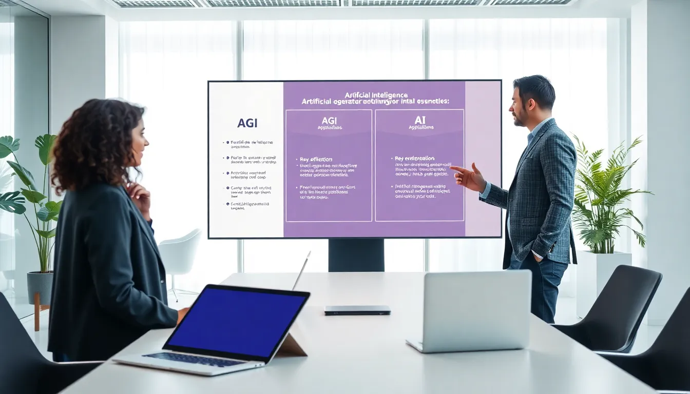 Professionals discussing artificial general intelligence vs artificial intelligence in a modern office.